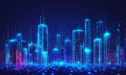 Smart city at night with interconnected technology, digital connectivity, and futuristic urban infrastructure, perfect for modern business backgrounds.