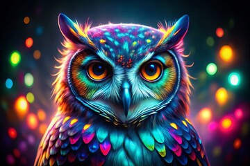 Naklejka premium Stunning Portrait of an Owl in Vibrant Neon Colors with Rule of Thirds Composition for Eye-Catching Visual Impact in Wildlife Photography