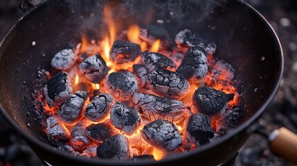Glowing charcoal briquettes in a black metal bowl, fiery embers. Perfect for BBQ, grilling, or campfire scenes; evokes warmth and cooking.