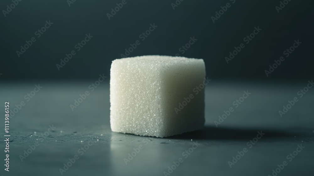 Poster close up macro photograph showcases a solitary sugar cube on a dark surface, emphasizing the concept