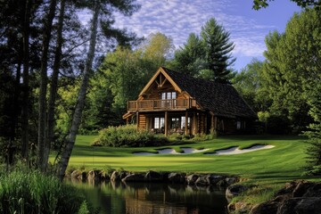 Beautiful log cabin by the lake surrounded by lush greenery and trees