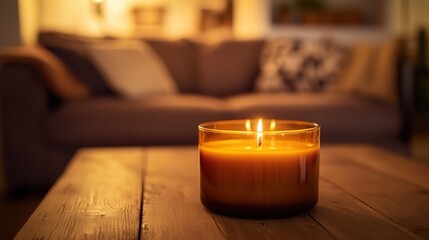 A rustic scented candle with hints of caramel and spiced apple, glowing softly on a wooden coffee table, creating a warm