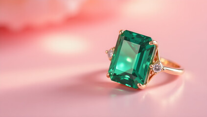 Beautiful gold ring with emerald,Photography of unique green emerald engagement ring design