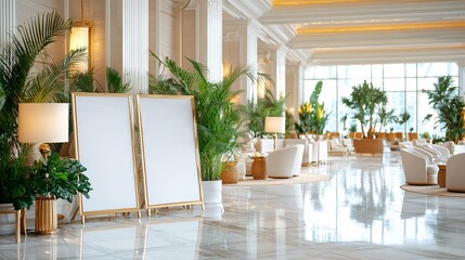Advertise billboard display mockup concept. Elegant hotel lobby featuring marble flooring, plants, and stylish furniture, creating a luxurious atmosphere.