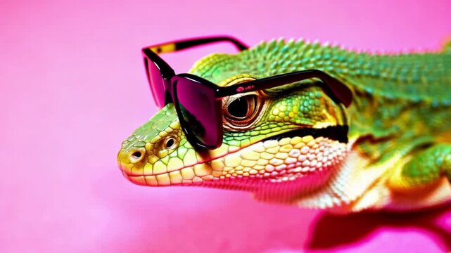 A lizard wearing sunglasses stares intently at the camera in front of a pink background