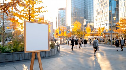 Advertise billboard display mockup concept. A blank easel in a bustling urban area during autumn with people walking by.