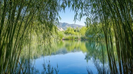 Obraz premium Serene Reflection in Calm Water Surrounded by Greenery