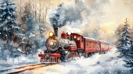 Winter Steam Train in Snowy Forest