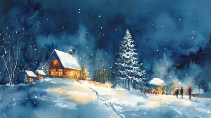 Winter Wonderland Scene with Cabin and Snow
