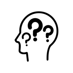 Line art illustration of a head with multiple question marks. Symbolizes confusion, doubt, uncertainty, indecision, and curiosity. Perfect for psychology, business, and problem-solving concepts
