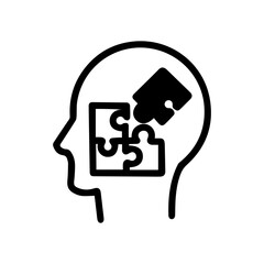 Line art illustration of a head with a puzzle piece. Symbolizes problem-solving, critical thinking, creativity, and innovation. Perfect for business, education, and psychology concepts