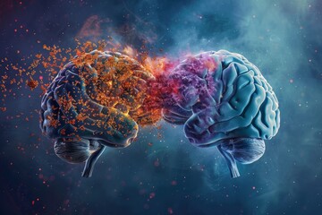 Obraz premium Two brains are prominently displayed, with one brain on fire, representing a clash of ideas or overwhelming emotions. Depiction of a healthy brain and one with Alzheimer's disease .