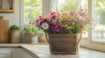 Fototapeta premium A rustic wooden basket with a handle, filled with vibrant flowers, sitting on a farmhouse kitchen counter,