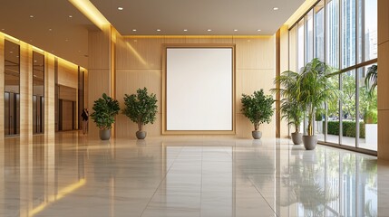 Fototapeta premium Advertise billboard display mockup concept. Spacious modern interior with a large blank frame and lush plants, featuring ample natural light.