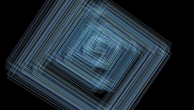 Abstract digital art of blue lines forming concentric s0uare patterns on a black background.