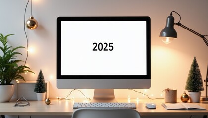 Fototapeta premium Cozy minimalist desk setup with computer displaying 2025