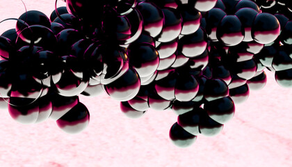 Bunch of black balloons with a glossy finish clustered against a pink background.