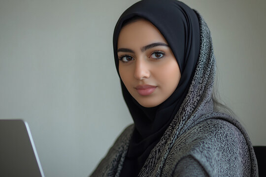 young woman wearing a black hijab and a gray top, looking at the camera. A laptop is visible in the background