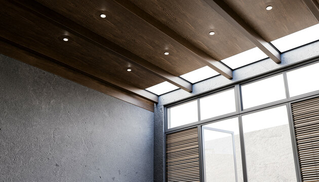 Illustration of a modern interior with wooden ceiling, recessed lighting, and large windows with blinds.