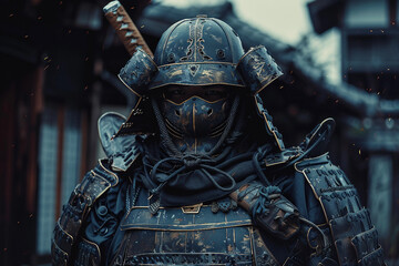 Generative AI Image of a Fierce Samurai Warrior in a Frightening Traditional Metal Mask and Armor