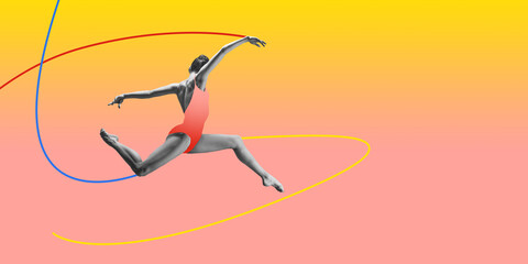 Female dancer mid-jump with colorful lines representing movement and energy on gradient background, symbolizing freedom and creativity. Contemporary art collage. Concept of art of motion