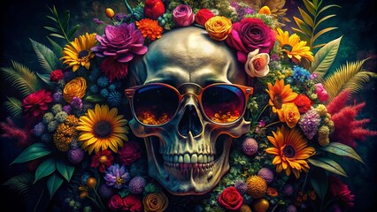 Trendy Skull with Sunglasses Surrounded by Colorful Flowers in Low Light for Unique T-Shirt Design