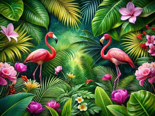 Tropical Jungle Paradise: A Lush Border Frame of Green Palm Trees, Monstera Leaves, Orchid Phalaenopsis Flowers, and Exotic Pink Flamingos for Invitations and Posters