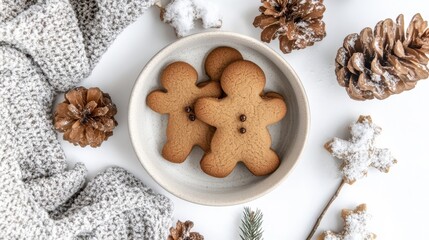 Fototapeta premium Gingerbread Cookies on a Cozy Plate Surrounded by Pine Cones and Winter Decor for a Festive Holiday Celebration or Baking Theme