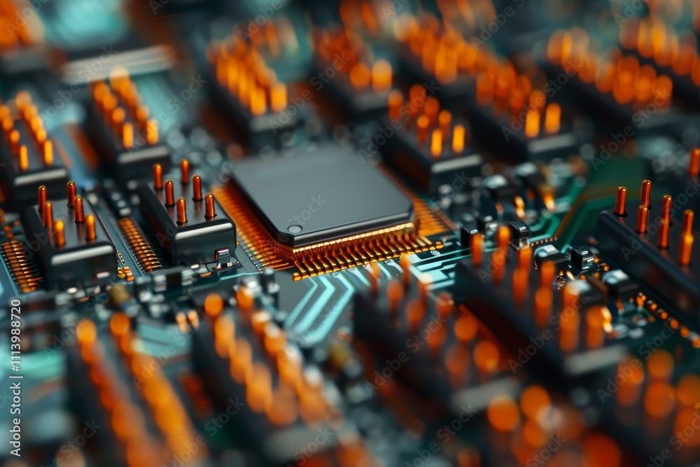Poster a macro shot of a computer chip, emphasizing the fine details of its structure and circuitry. detail