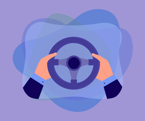 Businessmans hands holding steering wheel of car. Male driver driving automobile on highway flat vector illustration. Test drive, school concept for banner, website design or landing web page