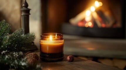 A scented candle with a cozy fragrance of roasted chestnut and vanilla, placed in a corner by the fireplace