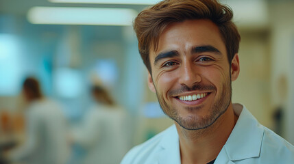 Fototapeta premium man with a warm smile, wearing a light-colored lab coat, is in a medical setting