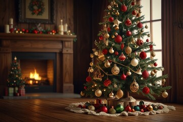 Christmas tree with decoration, hristmas tree pine with gift decoration decor balls garlands new year interior