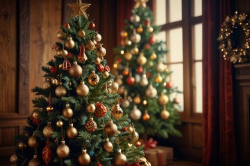 Christmas tree with decoration, hristmas tree pine with gift decoration decor balls garlands new year interior