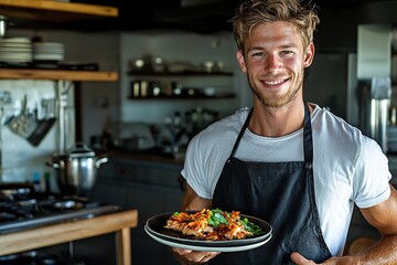An athletic young man enjoys preparing nutritious food in his kitchen.
