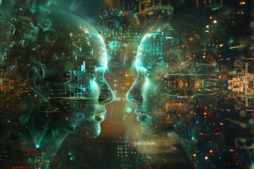 Fototapeta premium Distant future humans communicating with digital telepathy ,Two individuals gaze at each other amidst a vibrant, futuristic cityscape filled with advanced architecture.