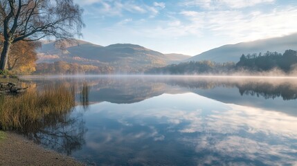 Fototapeta premium A serene photograph of a quiet lake at dawn, with mist rising from the surface and the surrounding mountains reflected perfectly in the still water,