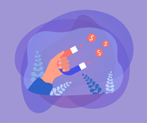 Hand of businessman attracting gold coins with magnet. Money attraction metaphor flat vector illustration. Profit, investment, finances, success concept for banner, website design or landing web page