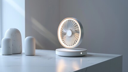 A modern desk fan with a sleek design, providing a stylish cooling solution.