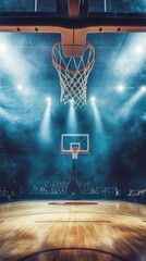 Basketball game sport background, back view of the basketball hoop in the spotlight, Scoring winning goal.