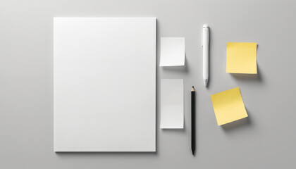 A4 paper mockup with sticky notes and stationery items on gray background for office organization
