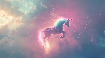 Fototapeta premium Enchanting Unicorn Rainbow Fireworks Illuminating the Night Sky in Pastel Hues
