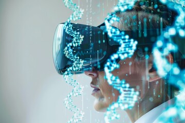 DNA being manipulated by virtual reality, A woman engaging with virtual reality, donning a contemporary VR headset, highlighting the immersive digital experience.