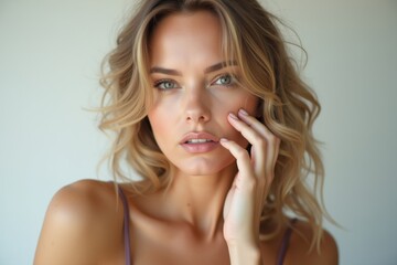 Fototapeta premium Beautiful young woman with glowing skin and natural makeup posing in soft light, elegant and seductive beauty portrait for lifestyle and fashion concept.