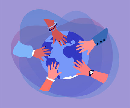 Hands of diverse people on globe. Team of multicultural persons cooperating together flat vector illustration. Teamwork, support, partnership, trust concept for banner, website design or landing page