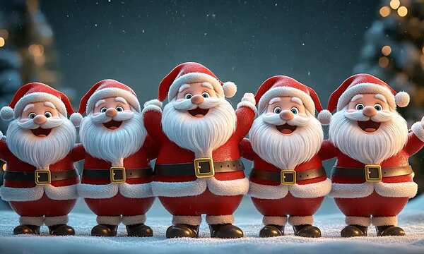 Five jolly Santa Clauses in red suits and hats,