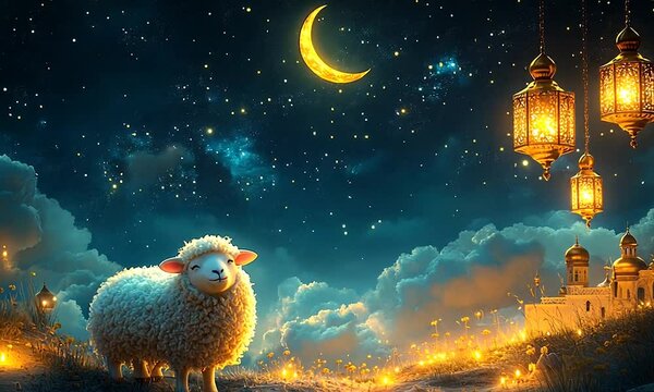 A sheep stands against a night sky with a crescent moon, glowing lanterns, and a cityscape . eid al adha