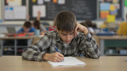 bored student boy in classroom at school, writing in notebook and thinking, resting head on hand