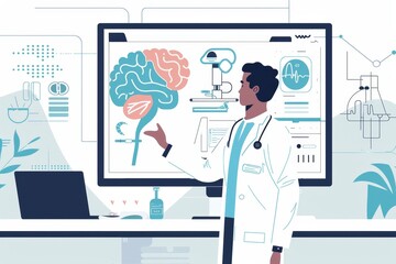 A doctor stands before a computer screen displaying a detailed brain diagram, engaged in analysis or discussion. Doctor using an AI based diagnostic tool .