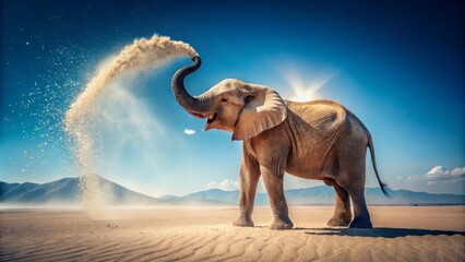 Obraz premium Young Elephant Tosses Sand into the Air on a Sunny Day, Creating a Sparkling Display Under a Clear Blue Sky with Distant Hills in the Background